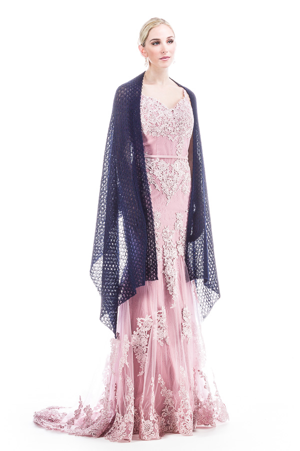 Special occasion Shawl Rose Bud Lace Patterned - Navy Blue