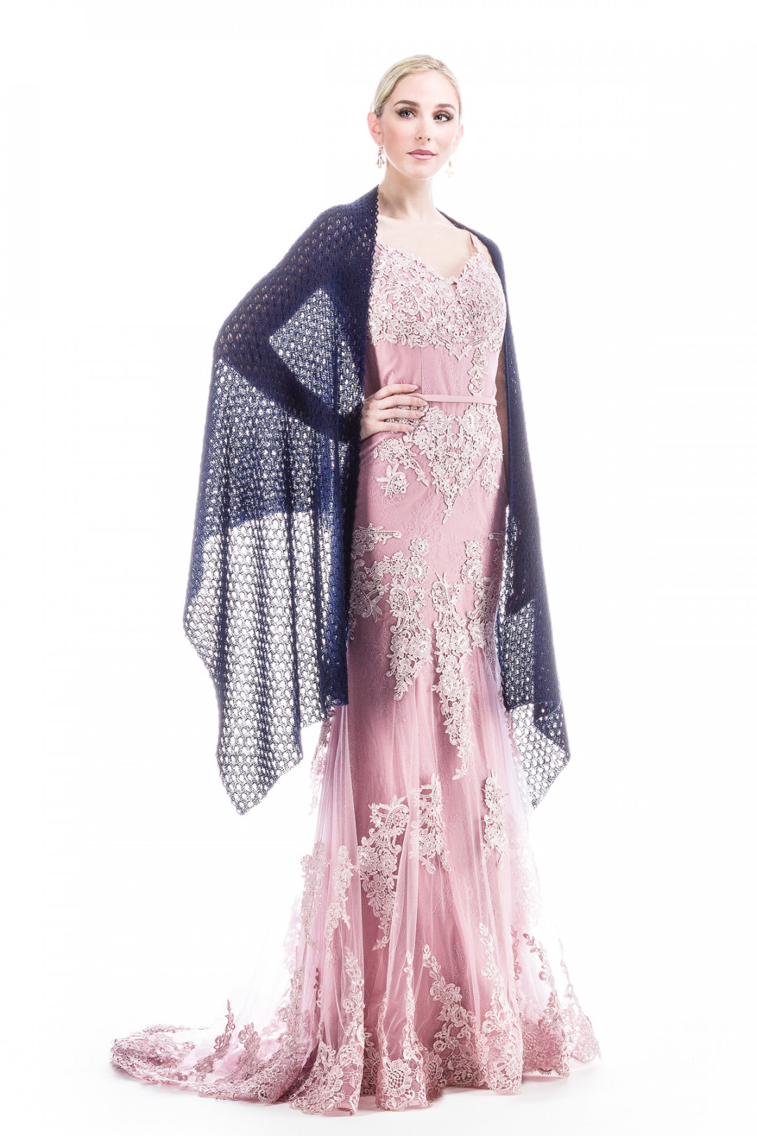 Special occasion Shawl Rose Bud Lace Patterned - Navy Blue