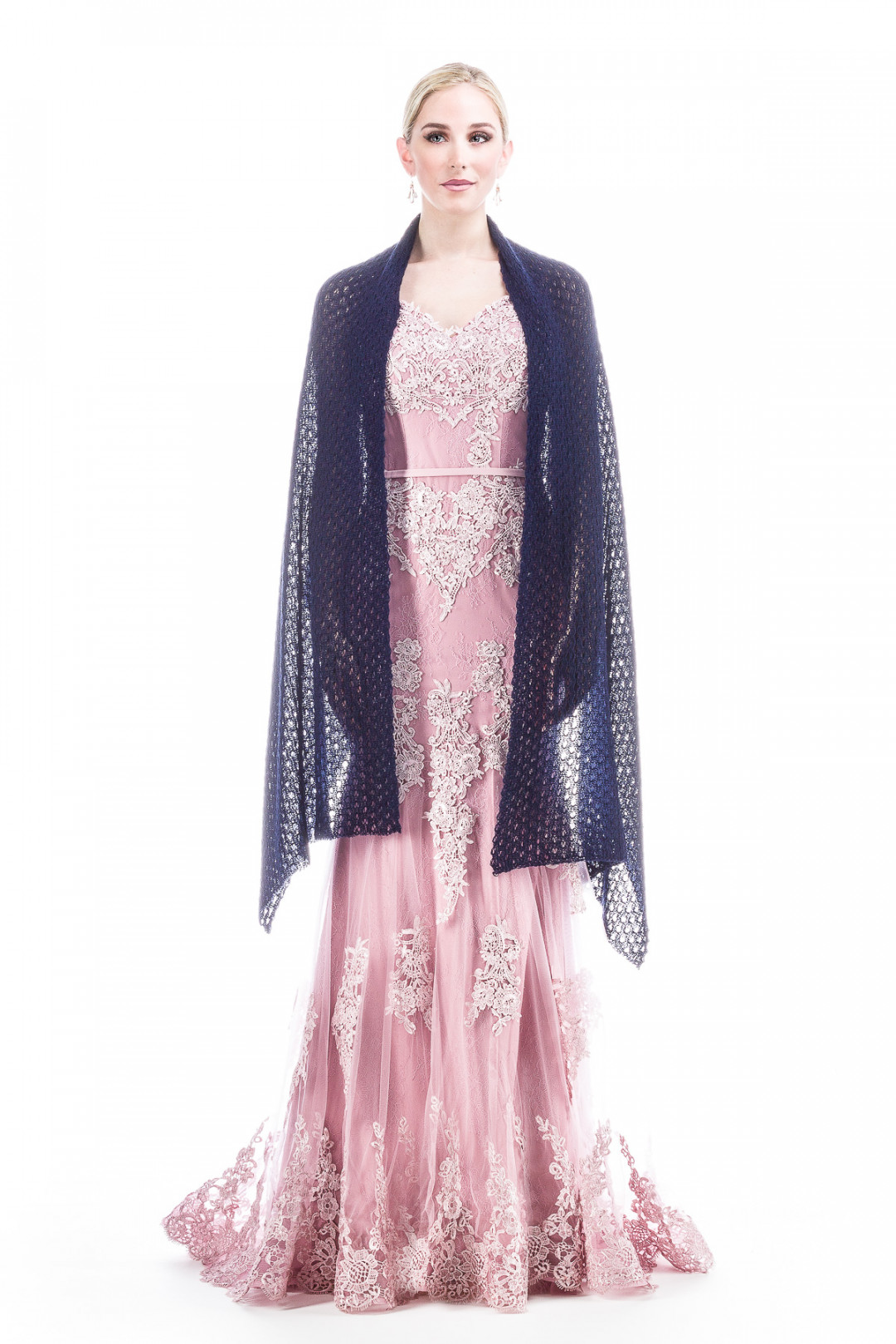 Special occasion Shawl Rose Bud Lace Patterned - Navy Blue