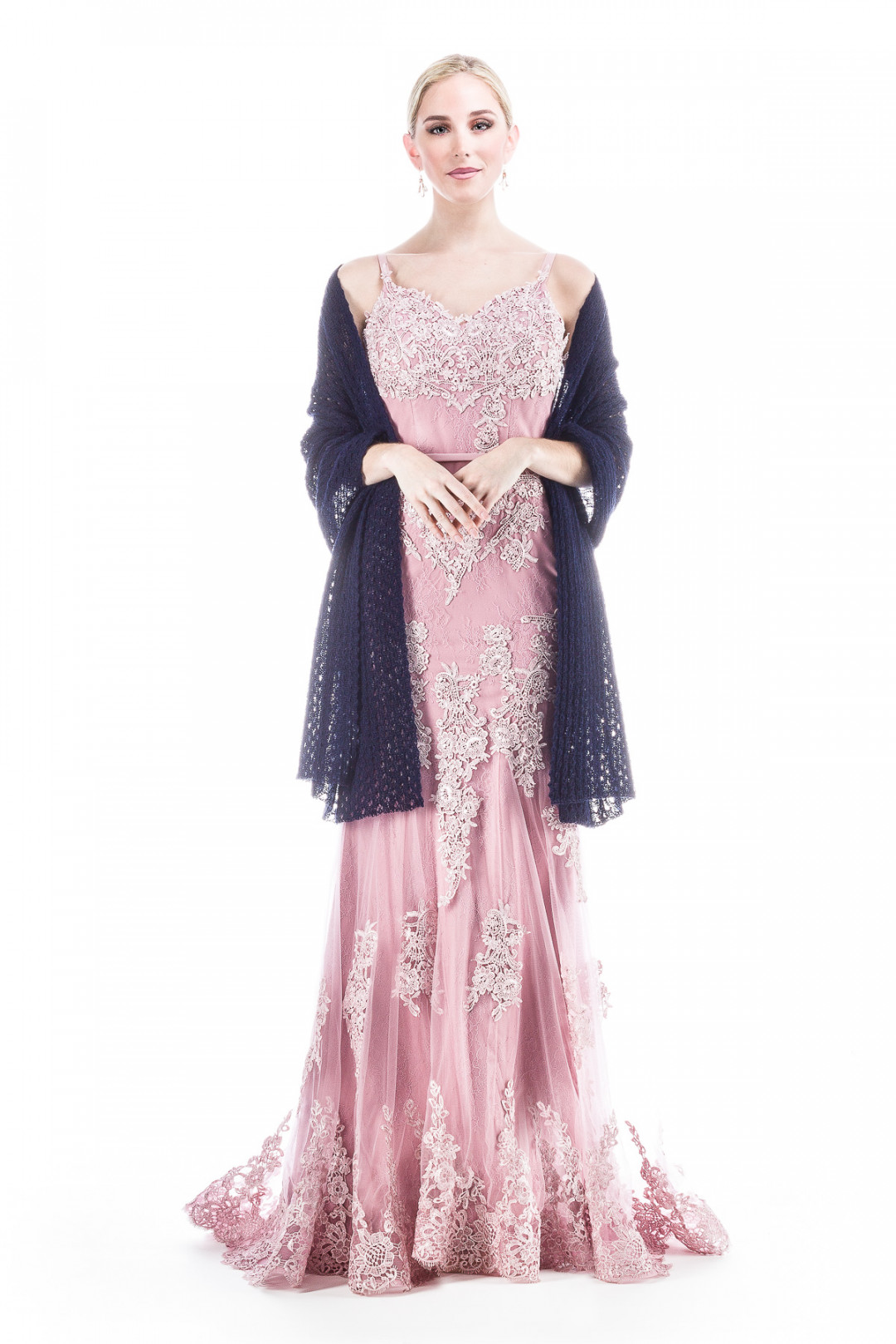 Special occasion Shawl Rose Bud Lace Patterned - Navy Blue