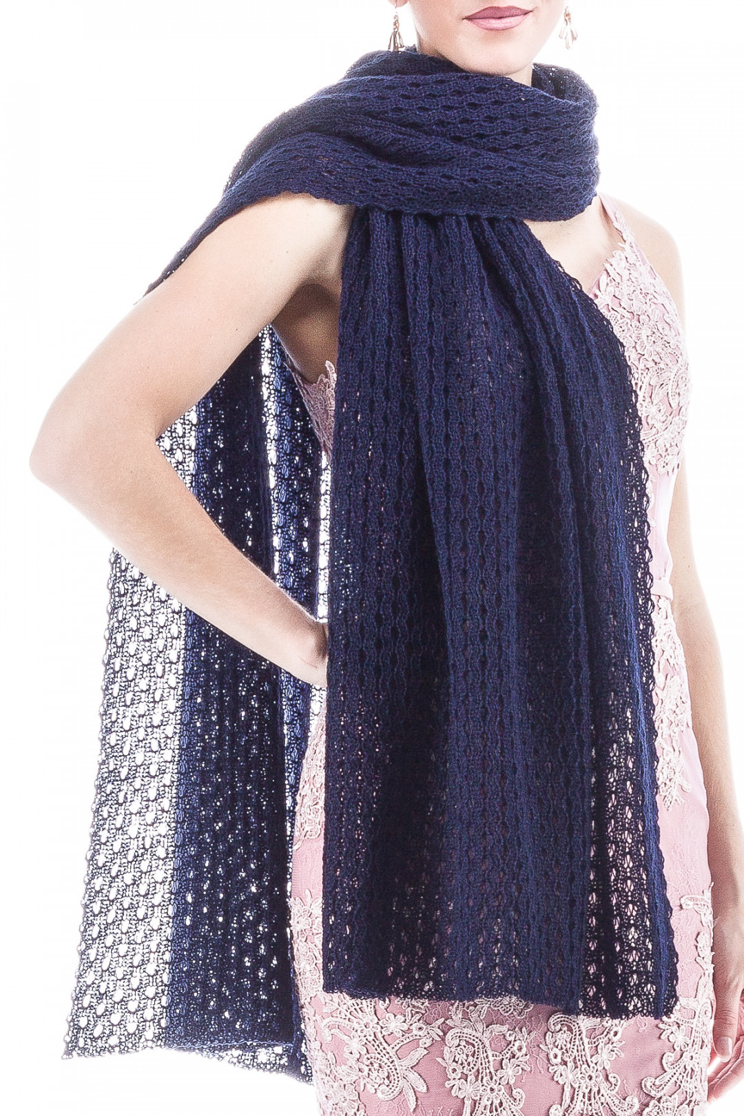 Special occasion Shawl Rose Bud Lace Patterned - Navy Blue