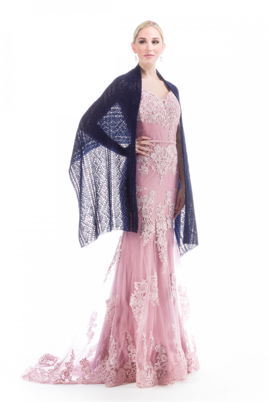 Hand Knitted Lace Evening Shawl - Navy Blue