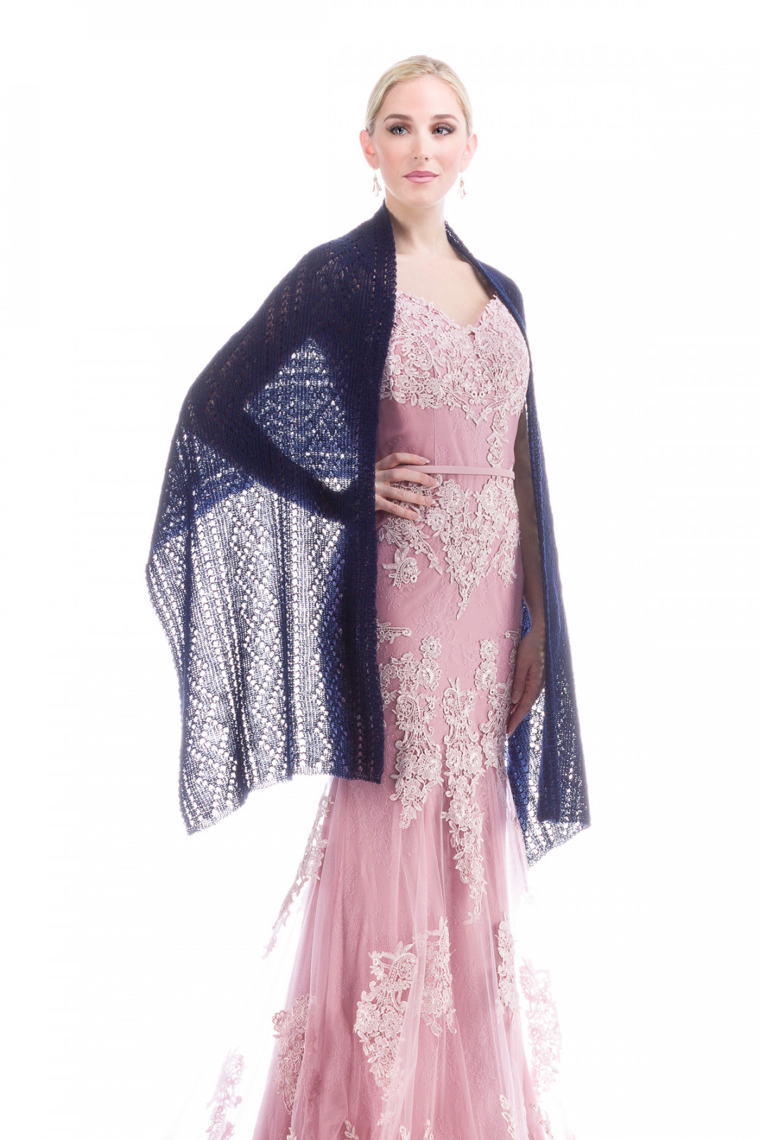 Hand Knitted Lace Evening Shawl - Navy Blue