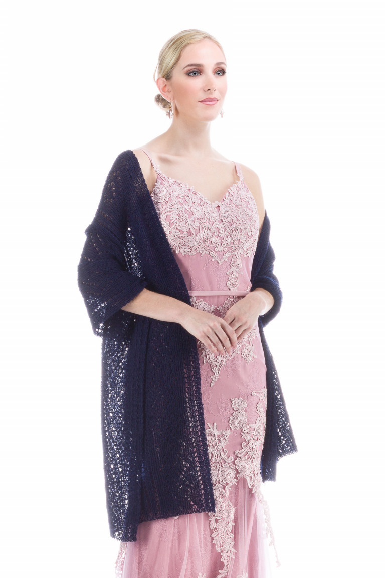 Hand Knitted Lace Evening Shawl - Navy Blue