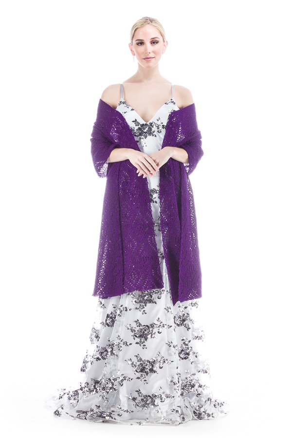 Luxury Peacock Patterned Lace Shawl Wrap - Purple