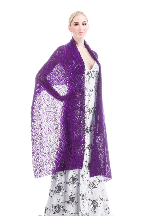 Luxury Peacock Patterned Lace Shawl Wrap - Purple