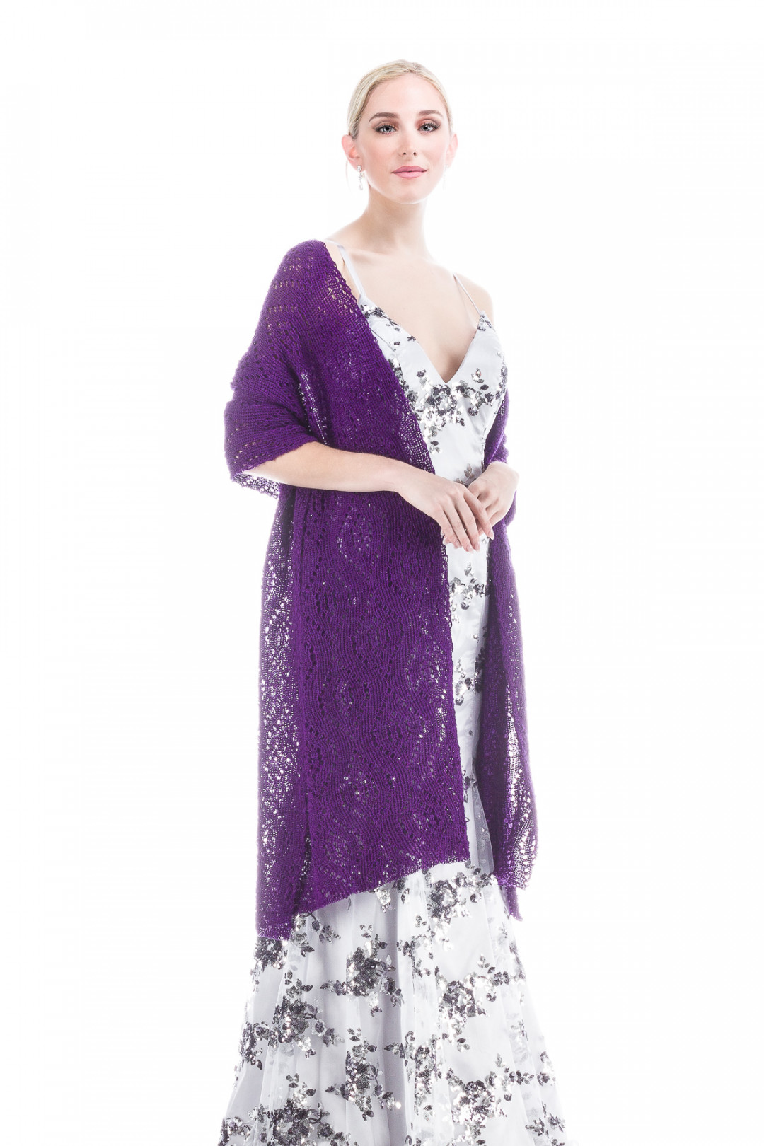 Luxury Peacock Patterned Lace Shawl Wrap - Purple