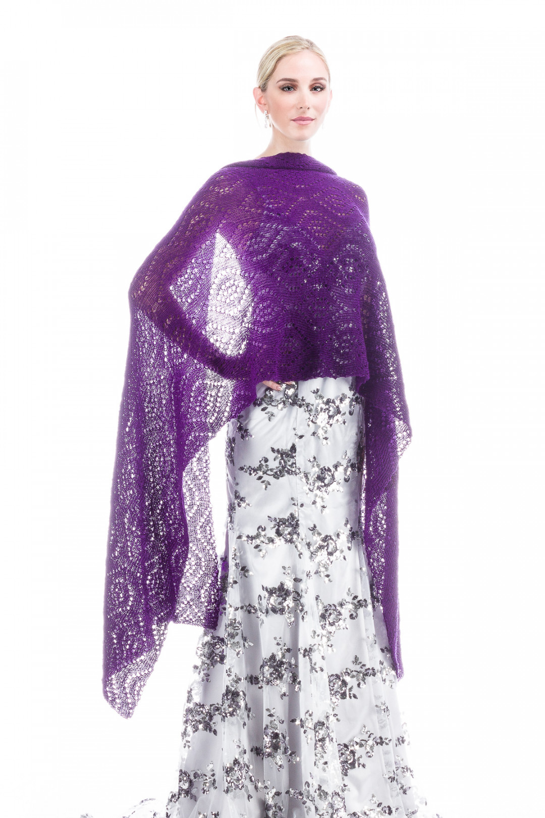 Luxury Peacock Patterned Lace Shawl Wrap - Purple