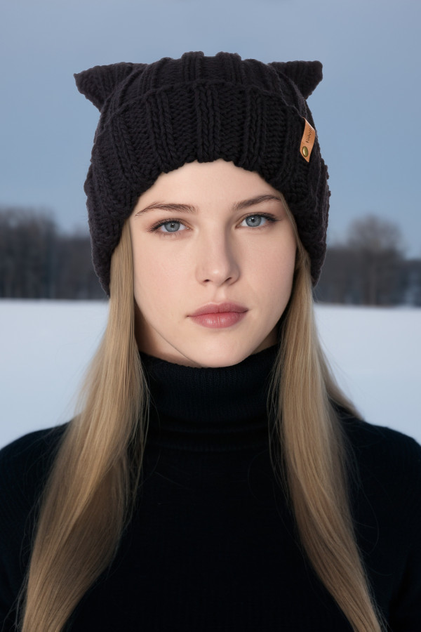 100% Merino Wool Chunky Knit Cat Ear Hat