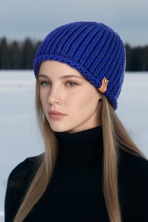 100% Merino Wool Giant Stitch Knit Beanie - Blue