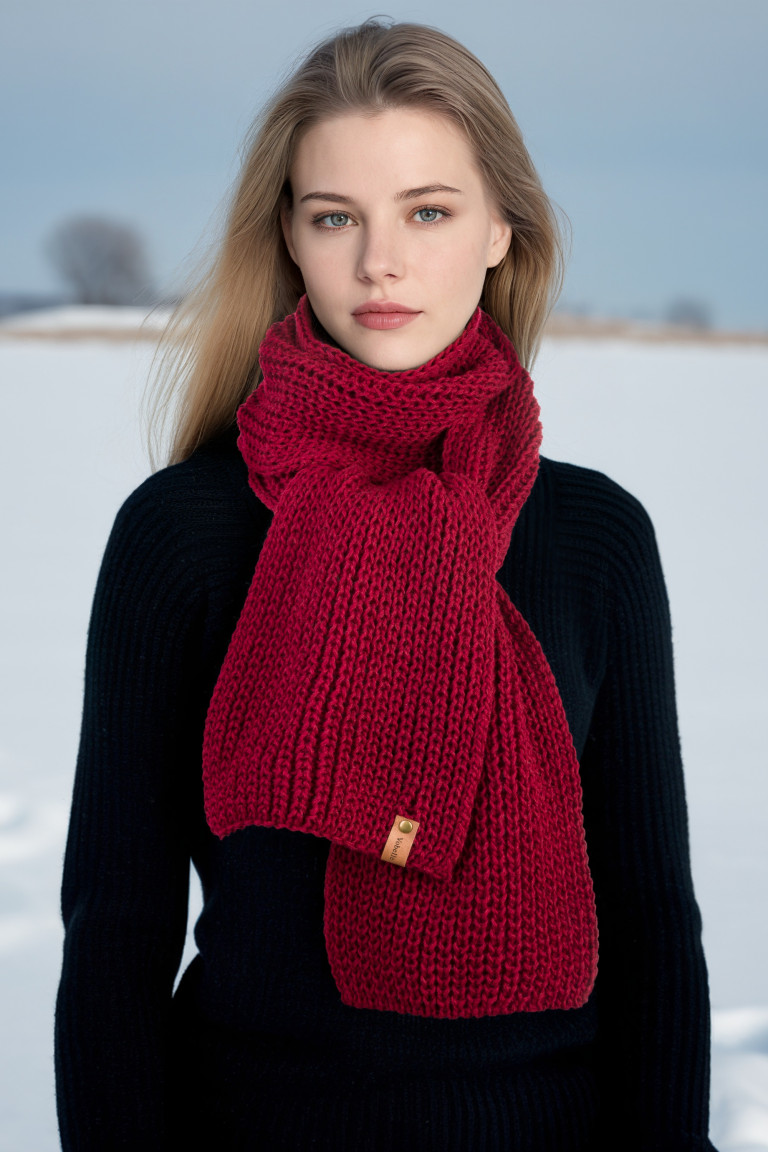 Merino Wool English Rib Chunky Knit Scarf - Dark Red