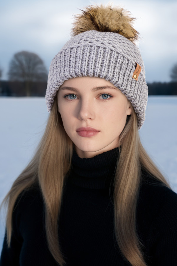 100% Merino Wool Honeycomb Folded Hem Pom Hat - Light Gray