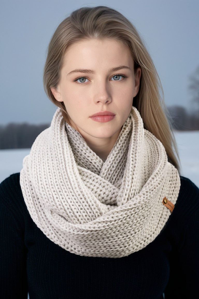 100% Merino Wool Giant Stitch Knit Infinity Scarf - White Heather