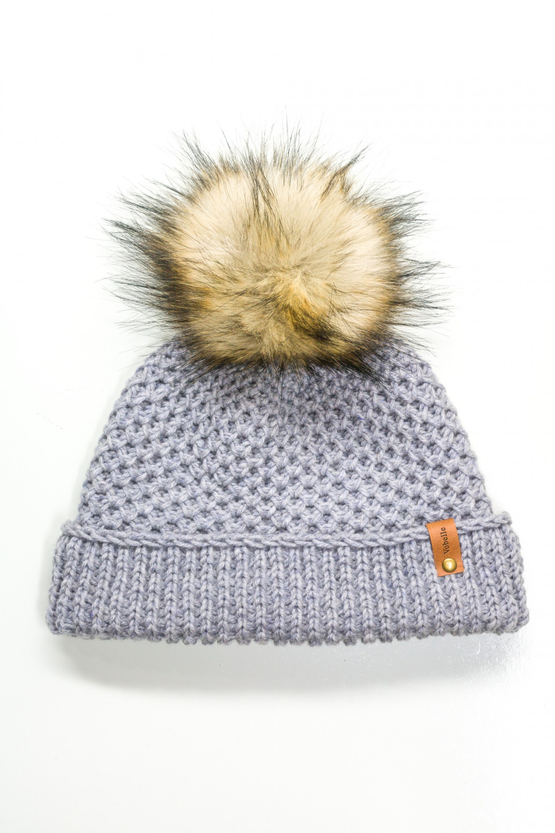 100% Merino Wool Honeycomb Folded Hem Pom Hat - Light Gray