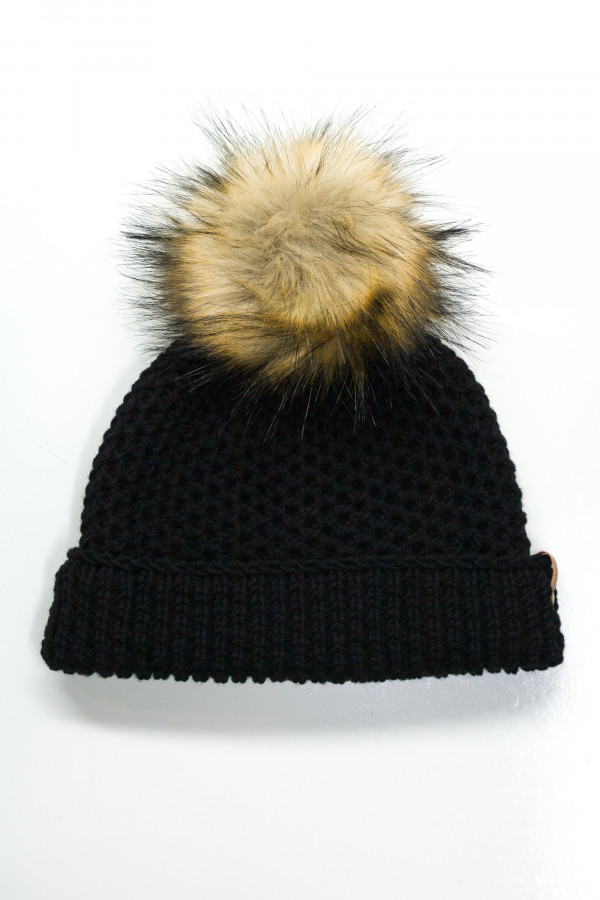 100% Merino Wool Honeycomb Folded Hem Pom Hat - Black