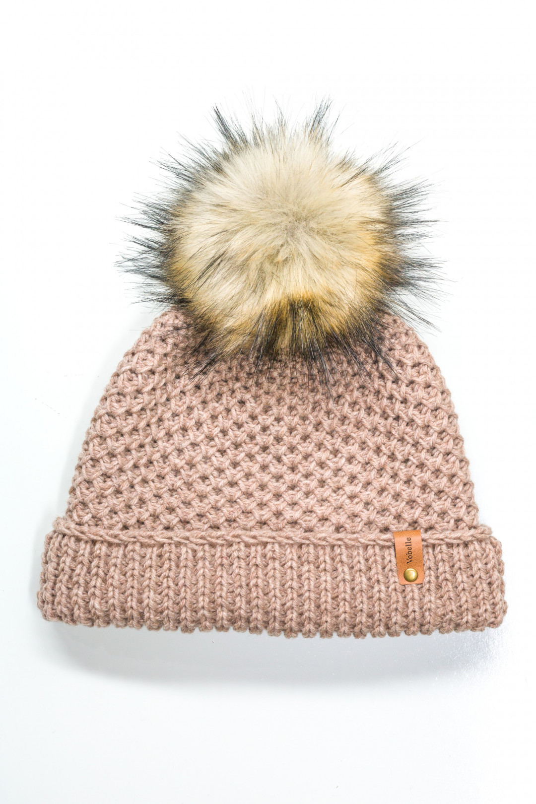 100% Merino Wool Honeycomb Folded Hem Pom Hat - Camel