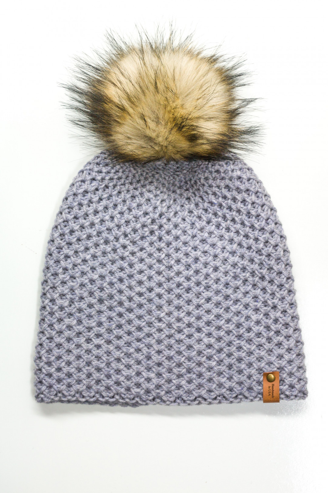 100% Merino Wool Honeycomb Folded Hem Pom Hat - Light Gray