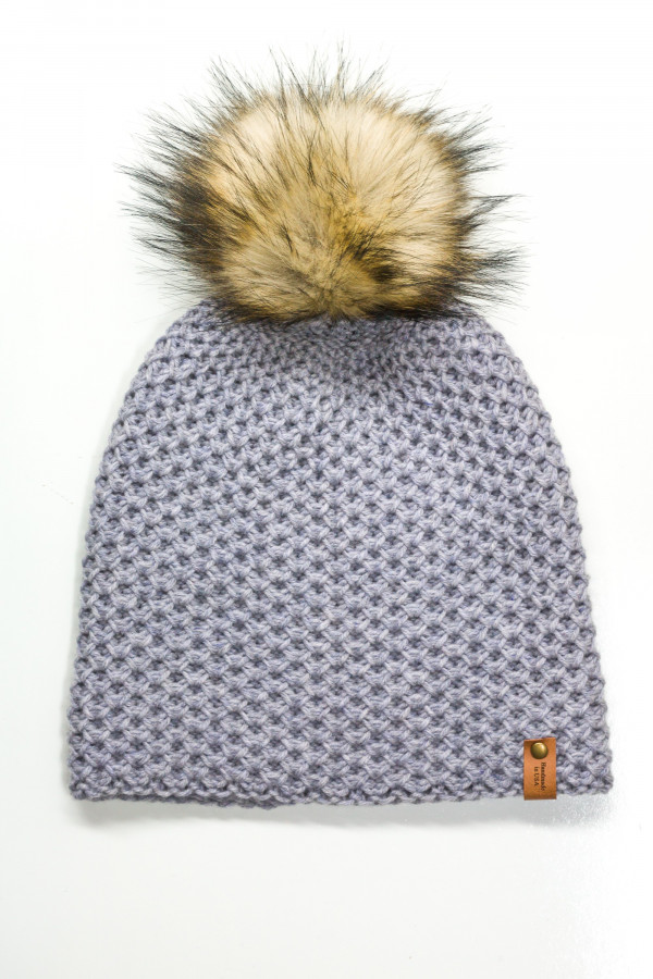 100% Merino Wool Honeycomb Folded Hem Pom Hat - Light Gray