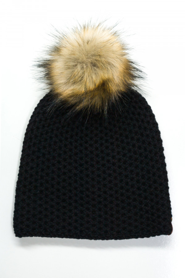 100% Merino Wool Honeycomb Folded Hem Pom Hat - Black