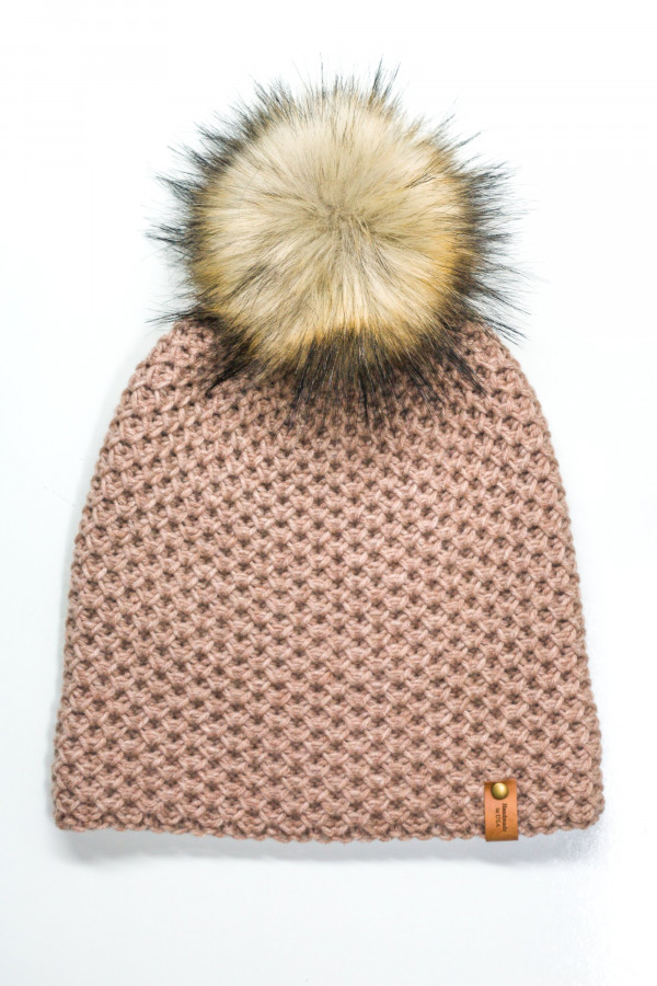 100% Merino Wool Honeycomb Folded Hem Pom Hat - Camel