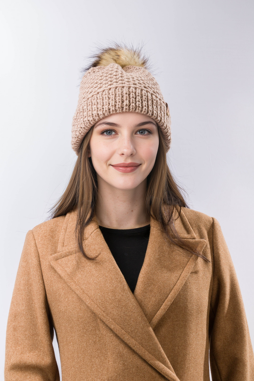 100% Merino Wool Honeycomb Folded Hem Pom Hat - Camel