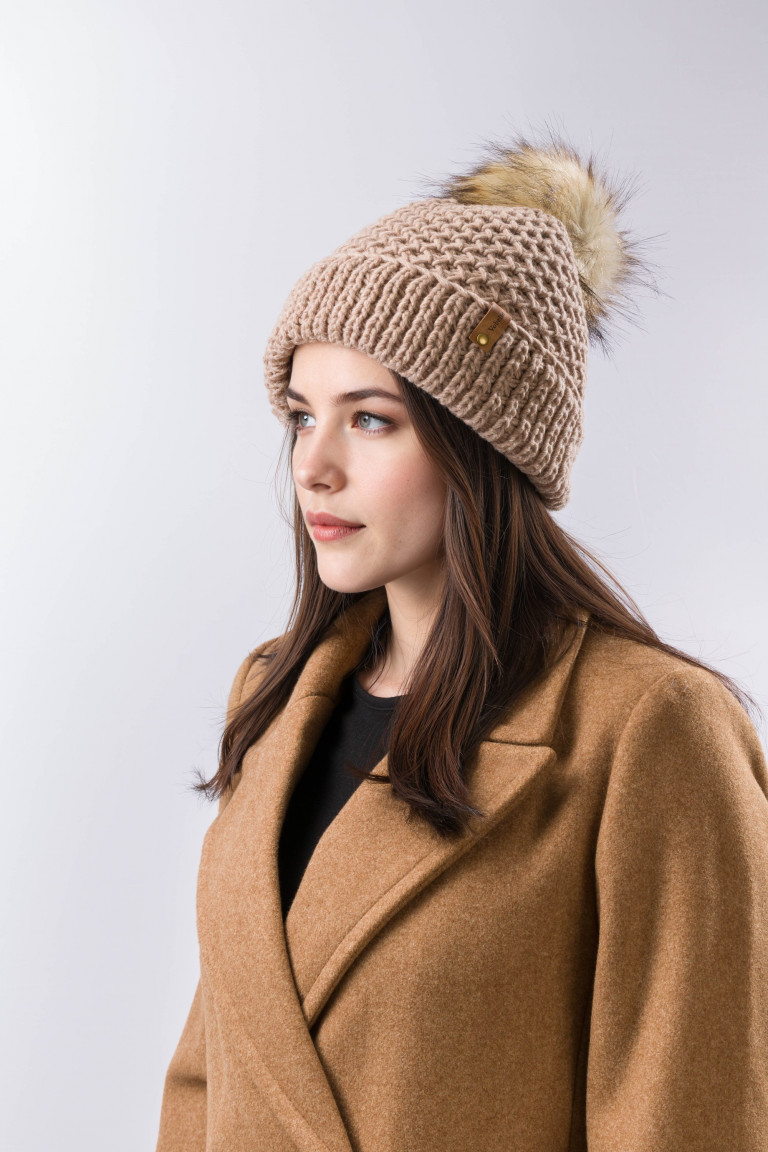 100% Merino Wool Honeycomb Folded Hem Pom Hat - Camel