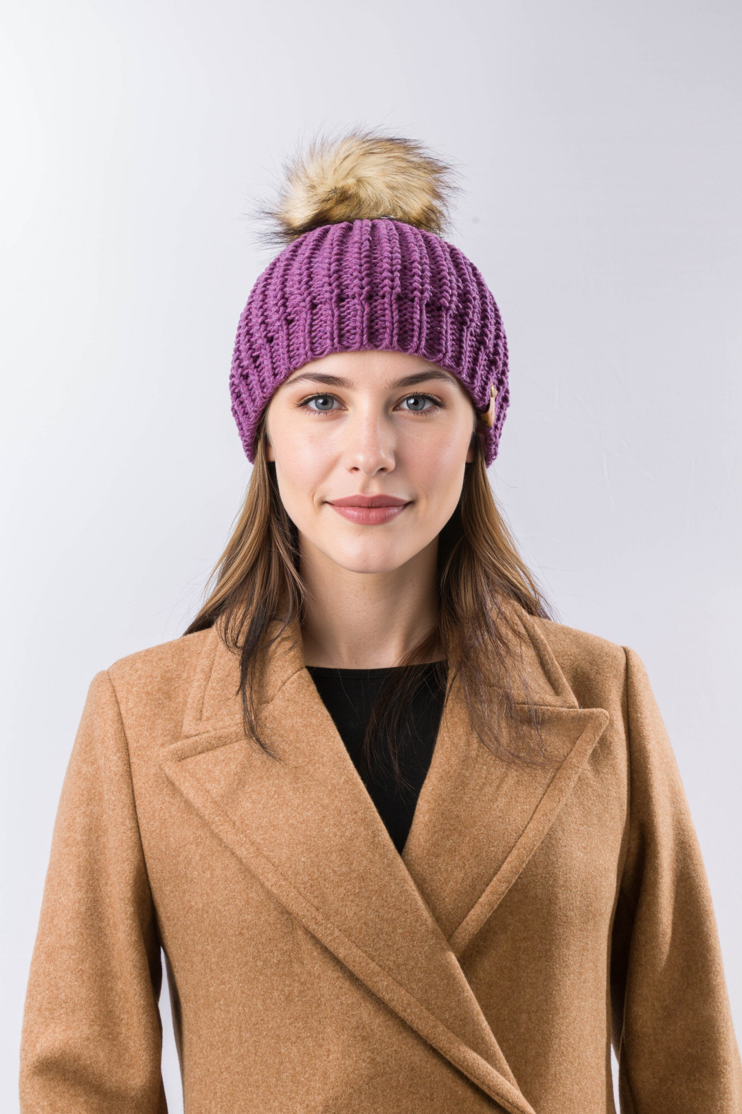 100% Merino Wool Knit Beanie with Pom and Ribbed Brim