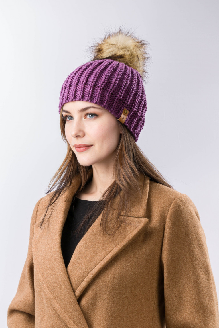 100% Merino Wool Knit Beanie with Pom and Ribbed Brim