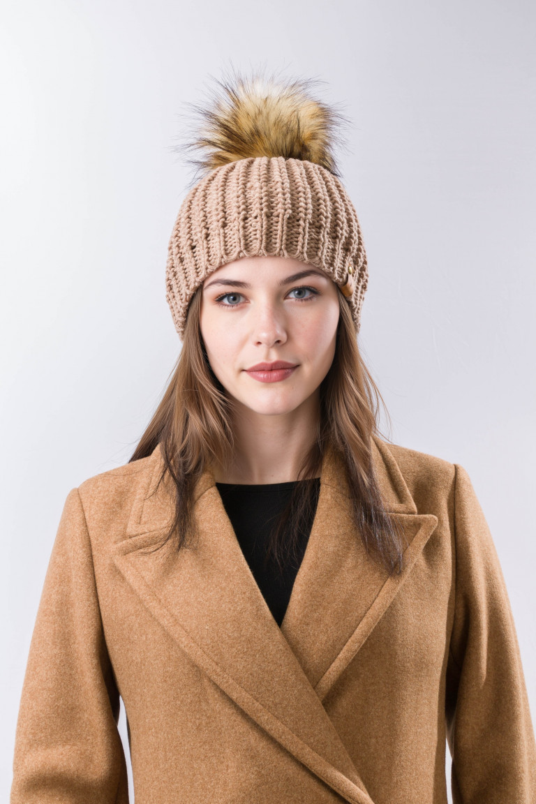 100% Merino Wool Knit Beanie with Pom and Ribbed Brim