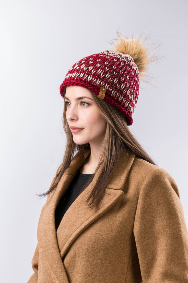 100% Merino Wool Two-Tone Knit Beanie with Pom