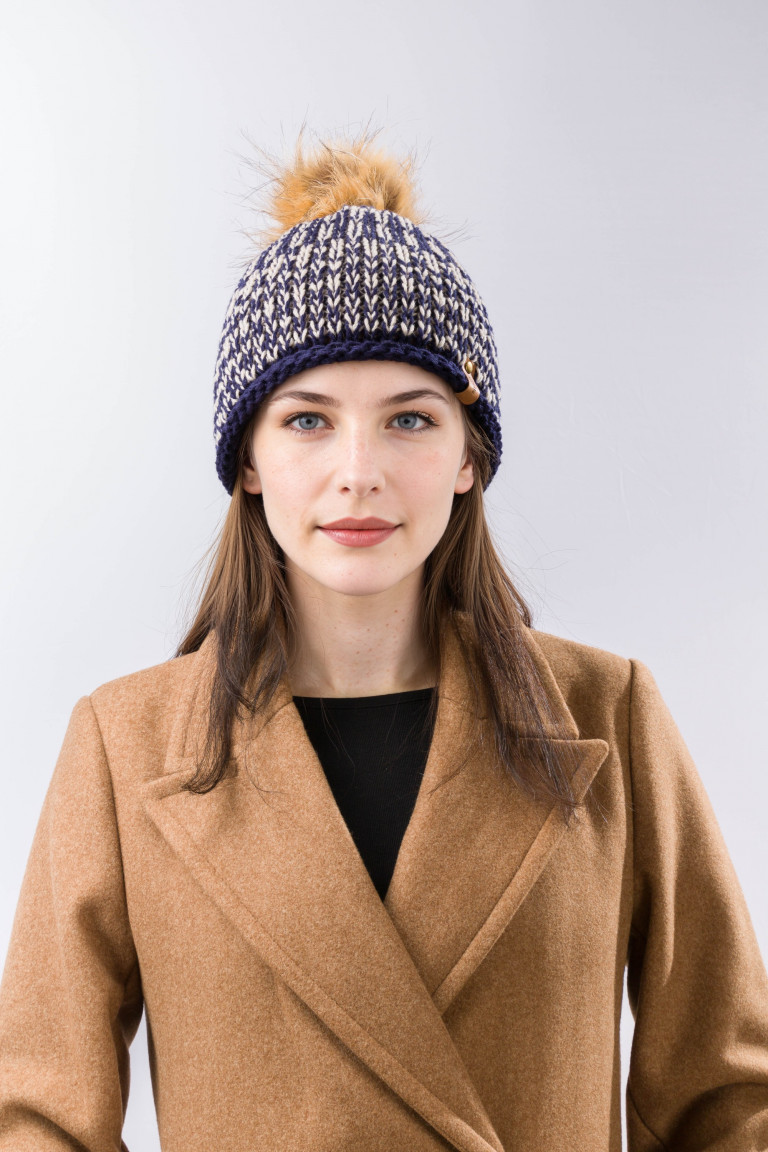 100% Merino Wool Two-Tone Knit Beanie with Pom