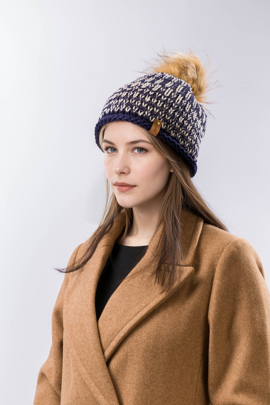 100% Merino Wool Two-Tone Knit Beanie with Pom