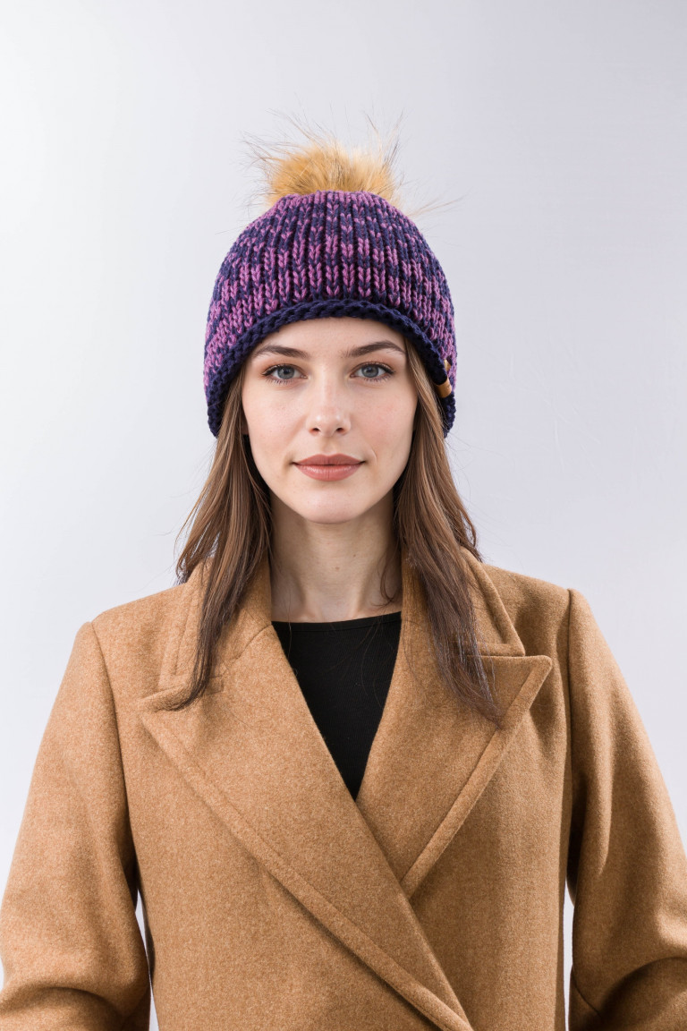 100% Merino Wool Two-Tone Knit Beanie with Pom