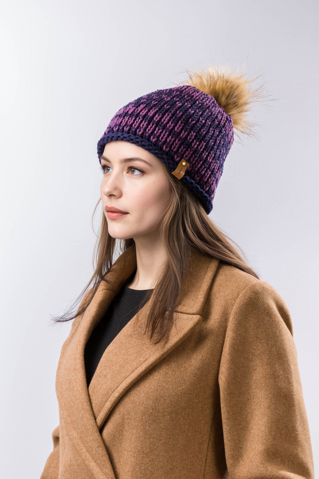 100% Merino Wool Two-Tone Knit Beanie with Pom