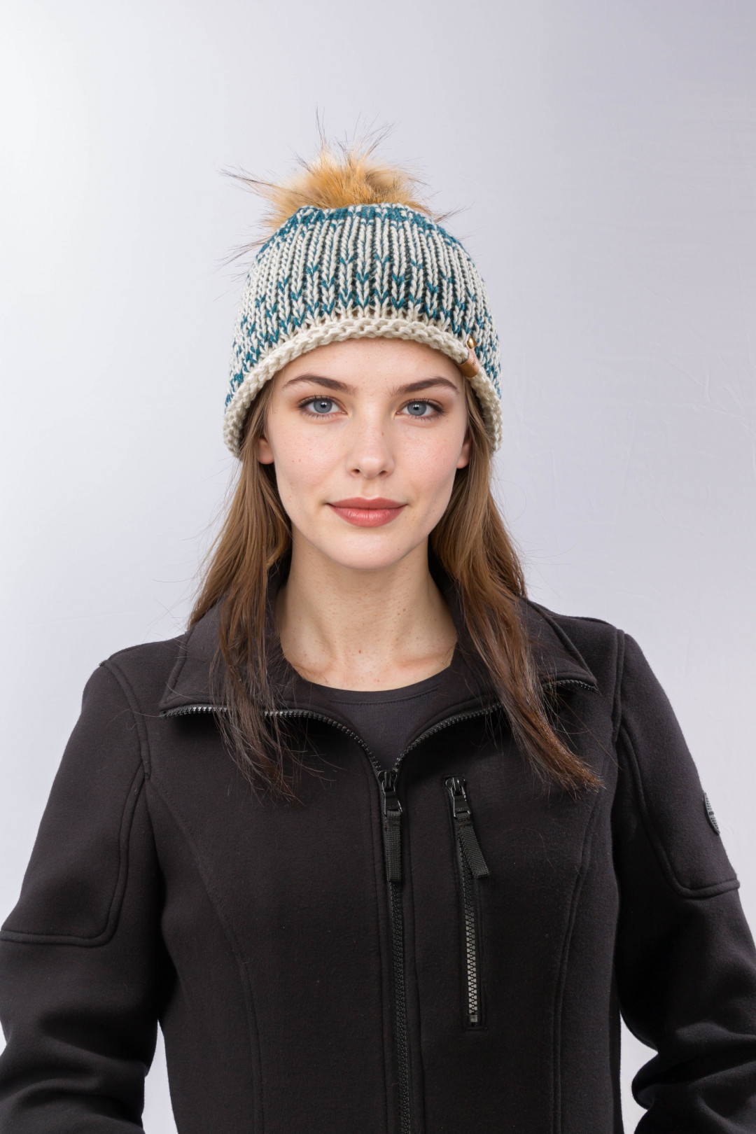 100% Merino Wool Two-Tone Knit Beanie with Pom