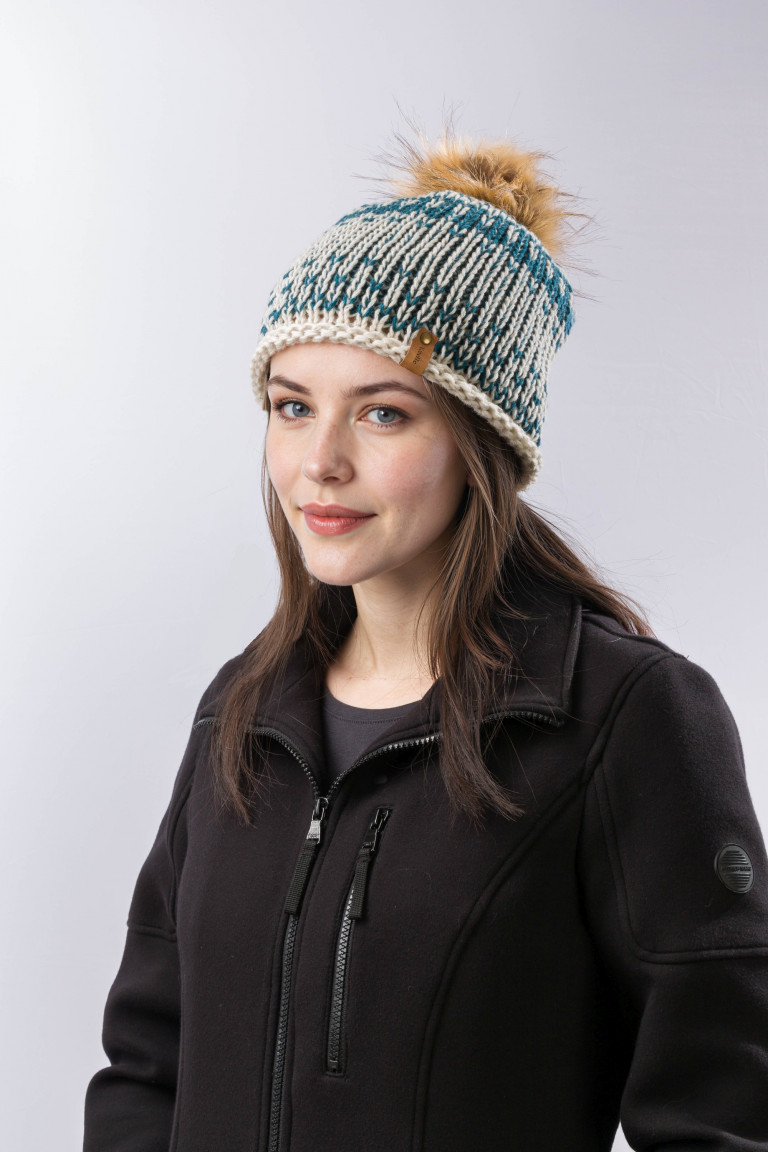 100% Merino Wool Two-Tone Knit Beanie with Pom