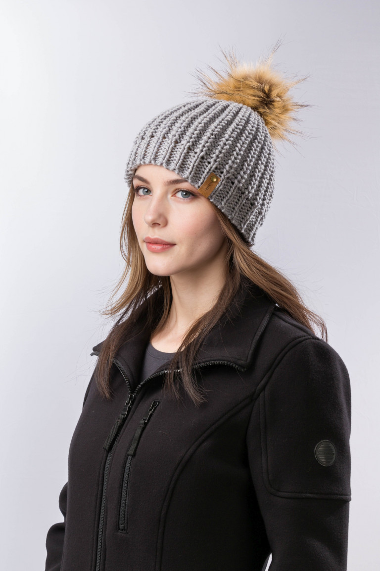 100% Merino Wool Knit Beanie with Pom and Ribbed Brim