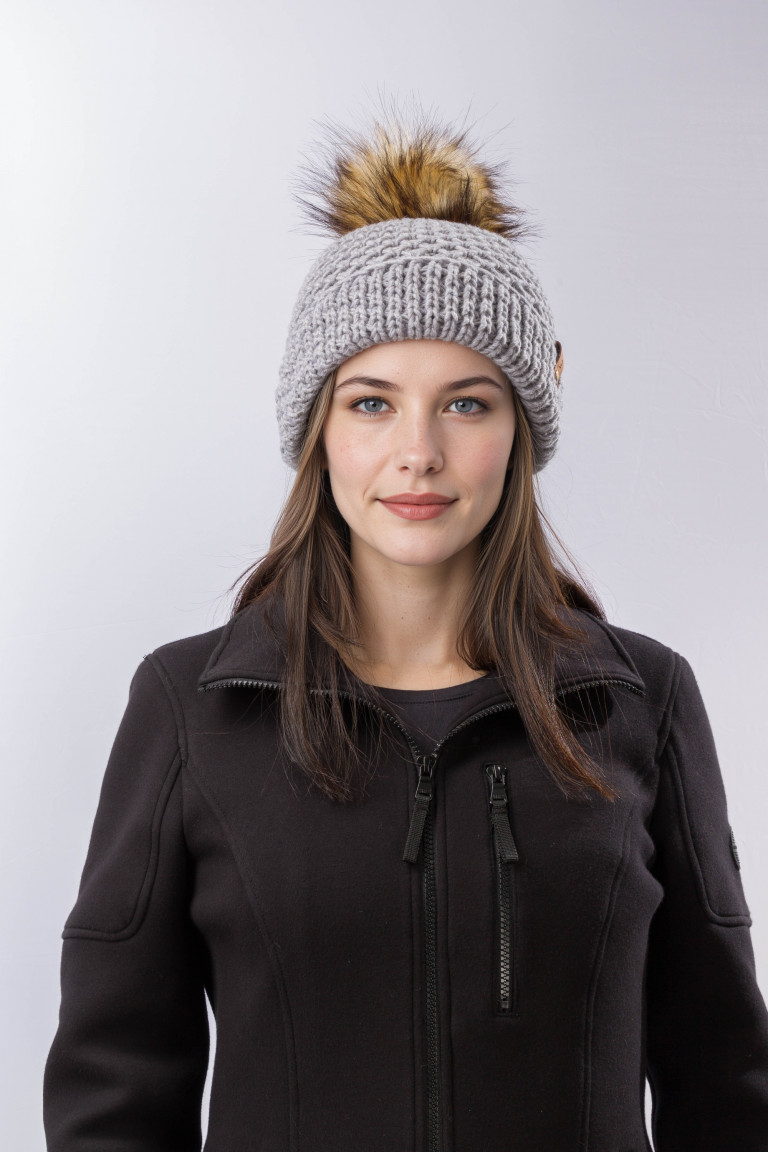 100% Merino Wool Honeycomb Folded Hem Pom Hat - Light Gray