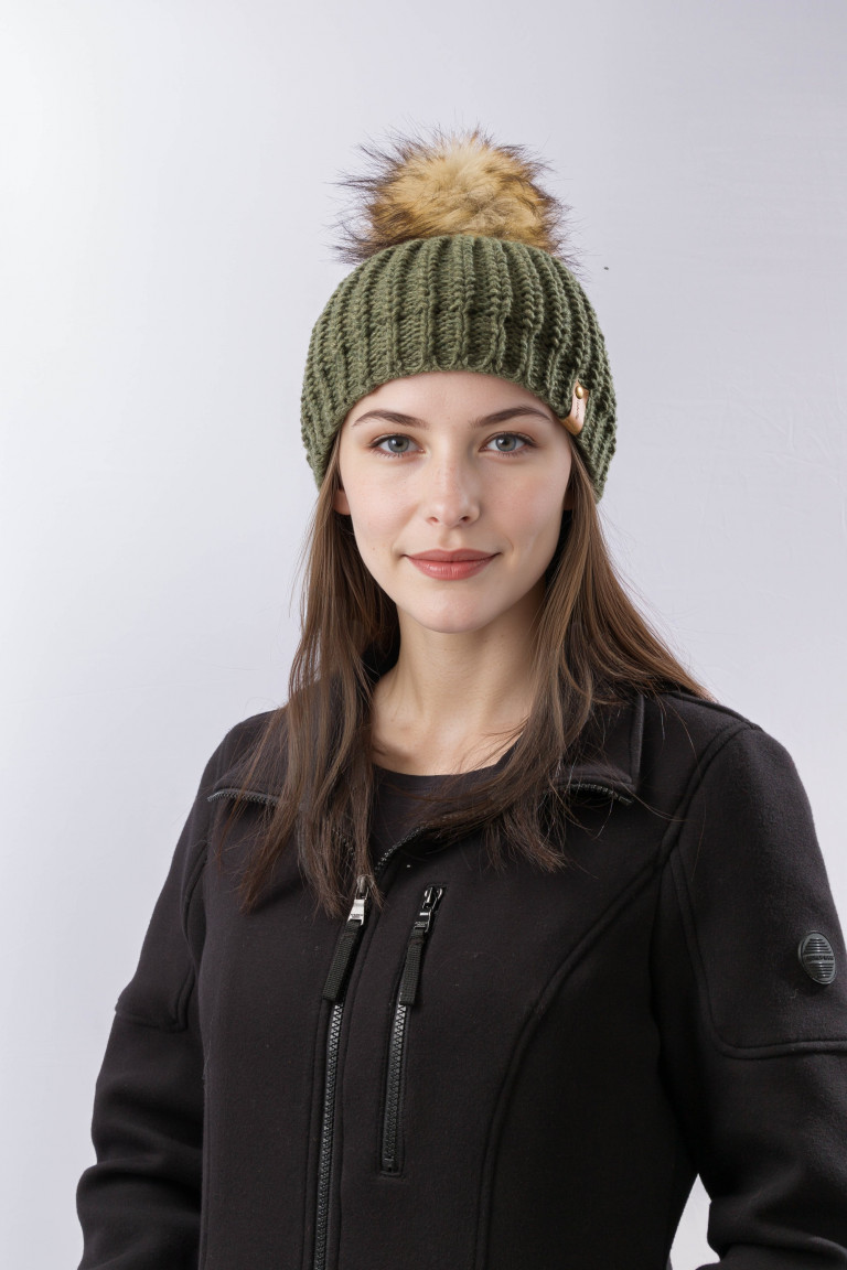 100% Merino Wool Knit Beanie with Pom and Ribbed Brim