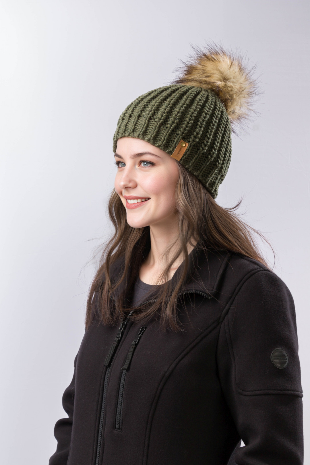 100% Merino Wool Knit Beanie with Pom and Ribbed Brim