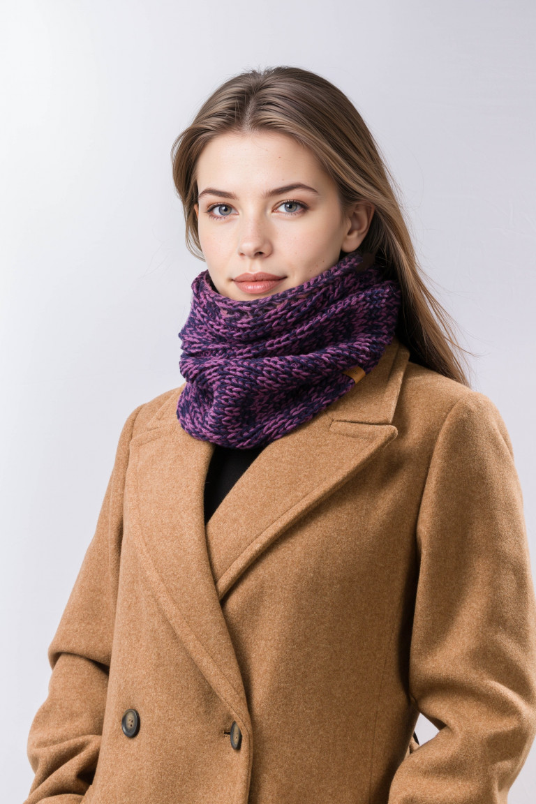 100% Merino Wool Two Tone Knit Cowl Neck Warmer - Purple