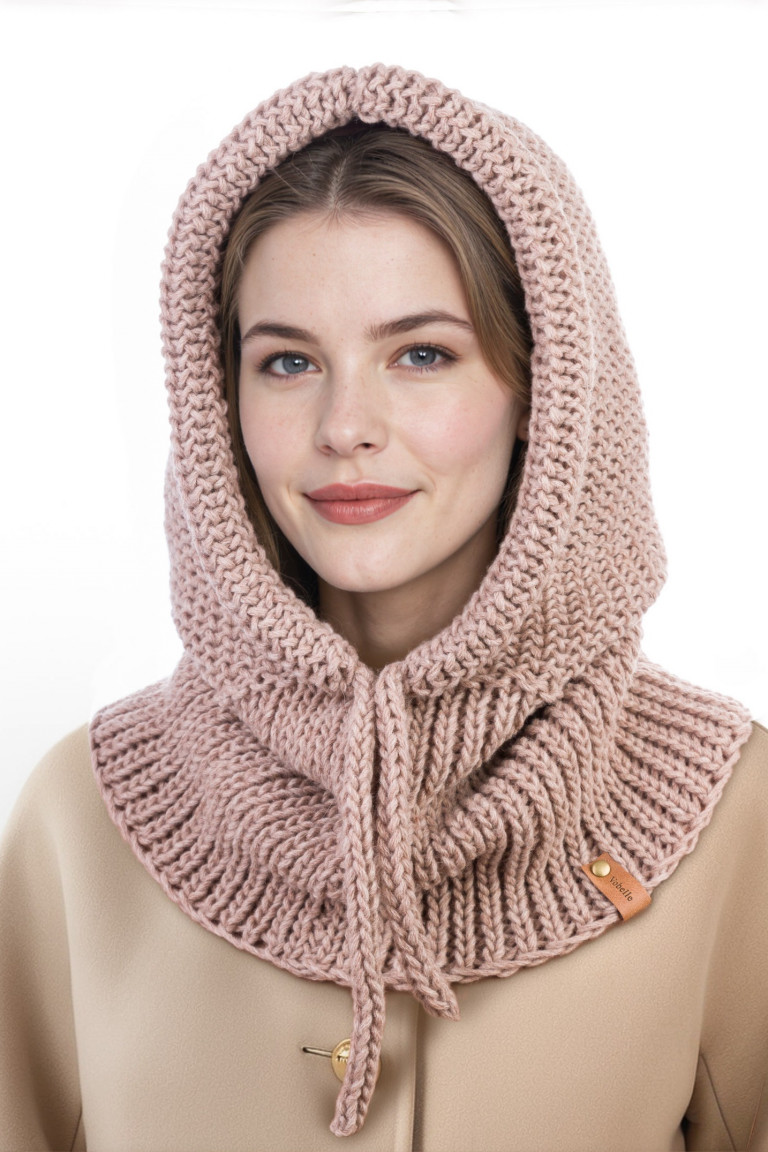 Merino Wool Knit Hood with Braided Drawstring - Camel