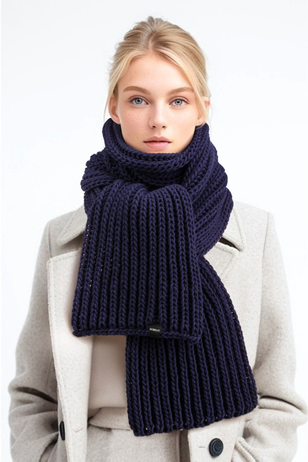 100% Merino Wool Chunky Knit Long Scarf - Navy