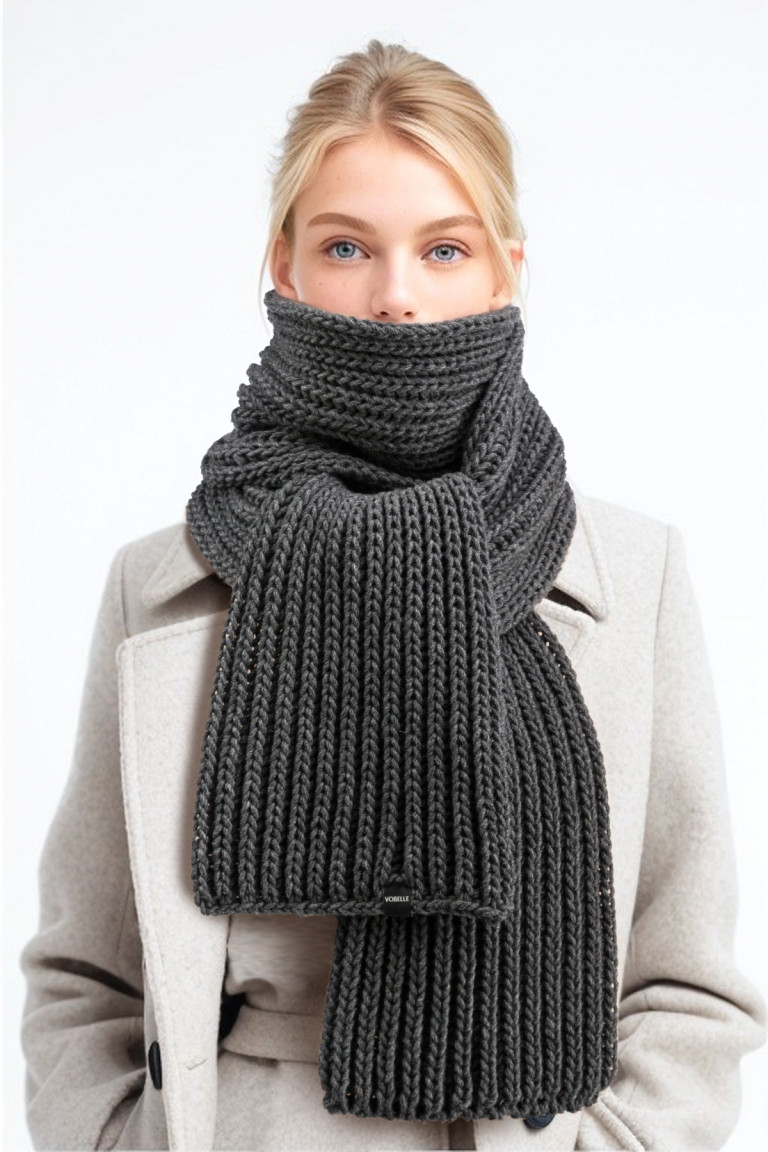 100% Merino Wool Chunky Knit Long Scarf - Dark Gray