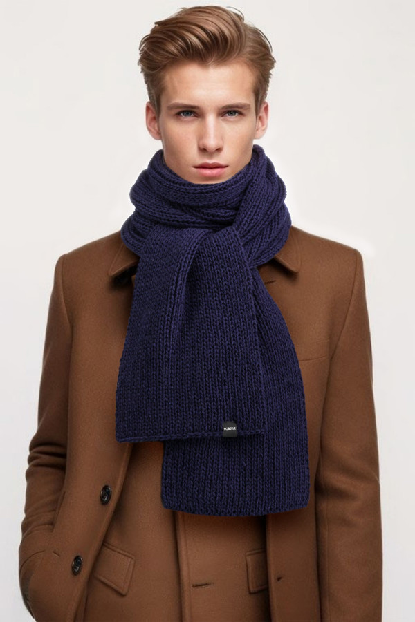 100% Merino Wool Mens Knit Scarf - Navy