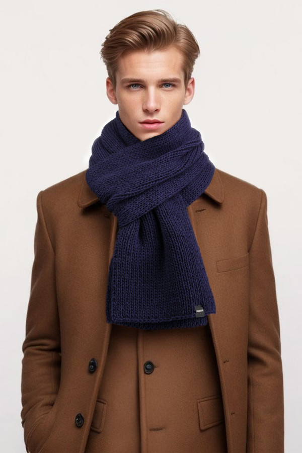 100% Merino Wool Mens Knit Scarf - Navy