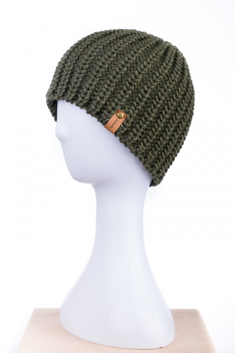 100% Merino Wool English Rib Chunky Knit Beanie - Dark Olive