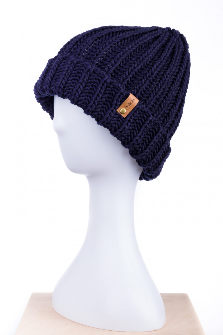 100% Merino Wool Folded Hem Chunky Knit Beanie - Navy