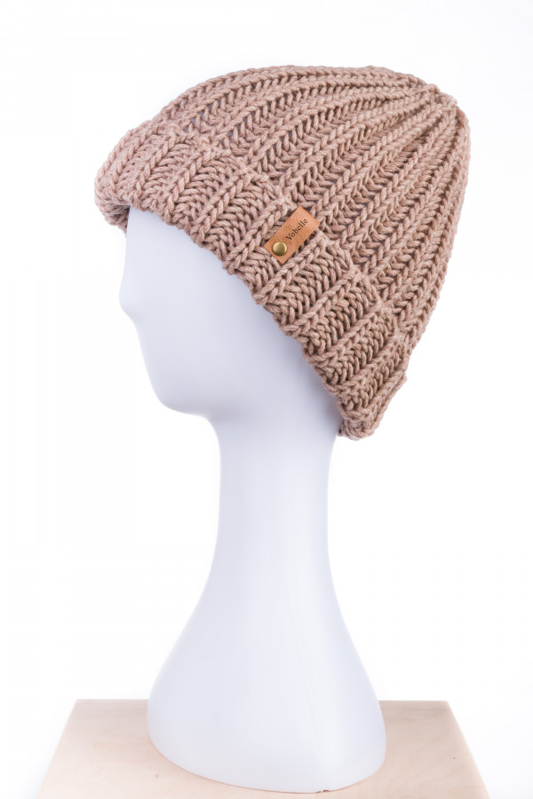 100% Merino Wool Folded Hem Chunky Knit Beanie - Camel