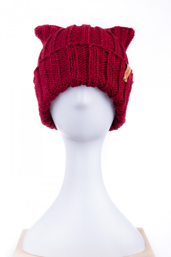 100% Merino Wool Chunky Knit Cat Ear Hat - Red